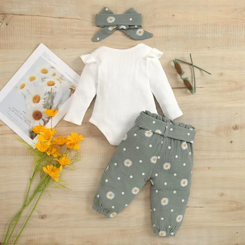 Vista 3 de Sduydiosy Conjunto de ropa de manga larga con estampado de flores para recién nacido, con pantalones con cinturón, diadema, lindo conjunto de ropa