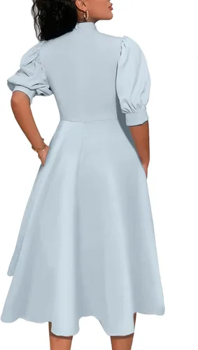 Vista 2 de IWFEV Bowknot manga abullonada vestido de mujer una línea de cintura alta vestido midi vestido liso