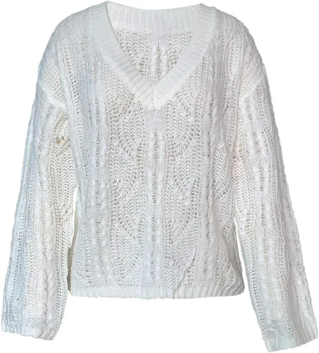 Vista 2 de Sexy V Neck Sweaters for Women Jacquard Knit Jumper Tops Casual Trendy Fall Pullover Loose Batwing Sleeve Blouse