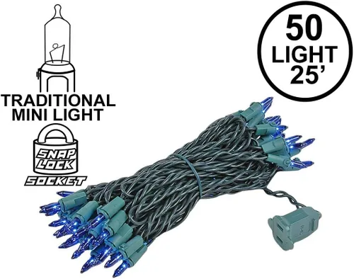 Vista 2 de Novelty Lights Mini luces incandescentes tradicionales de 50 bombillas de 25 pies, cable azul sobre verde con espacio de 6 pulgadas, grado comercial