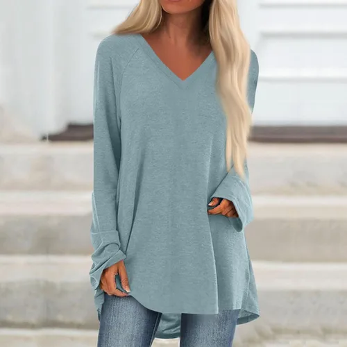 Vista 2 de Camiseta de manga larga para mujer, para otoño e invierno, con cuello en V, color sólido, informal, larga, holgada, para otoño e invierno