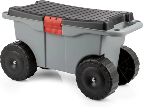 Vista 11 de Pure Garden - Carrito de jardín rodante con asiento, almacenamiento de plástico con banco y bandeja interior de herramientas, taburete de jardinería