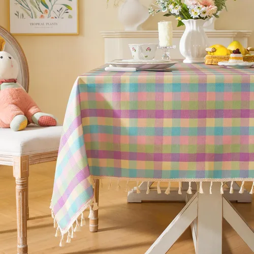 Vista 16 de Laolitou Mantel redondo a cuadros verde, de lino y algodón, con borla, a cuadros de búfalo, lavable, mantel de gingham para sala de estar