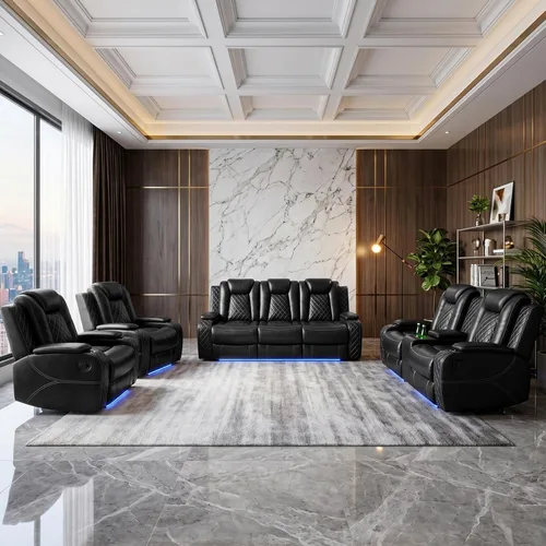 Vista 14 de Juegos de muebles de sala de estar, sofá modular reclinable eléctrico con luces LED, juego de sofá de cuero, sofá reclinable para sala de estar
