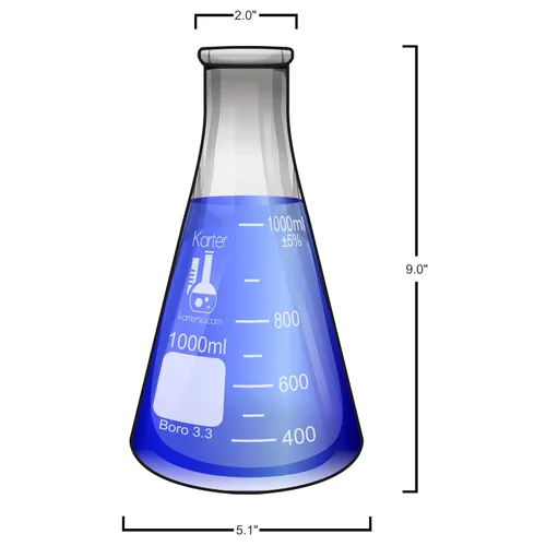 Vista 4 de Karter Scientific - Matraz Erlenmeyer de boca estrecha de 1000 ml, vidrio borosilicato 3.3, 213G22 (Individual) 3.3 vidrio de borosilicato, boca