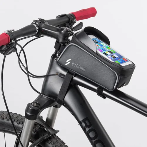 Vista 7 de Bolsa de marco de bicicleta, soporte para teléfono de bicicleta, bolsa impermeable para manillar de bicicleta, bolsa de tubo frontal superior