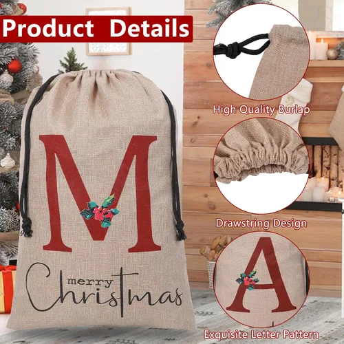 Vista 3 de Subyan Bolsa de regalo de Navidad de arpillera de 27 x 23 pulgadas, extra grande, reutilizable, personalizada, con monograma, con cordón