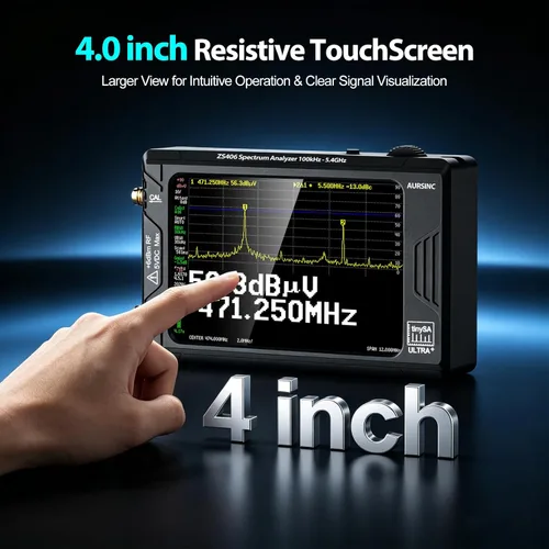 Vista 3 de AURSINC Analizador de espectro TinySA Ultra+ ZS406, 4.0 pulgadas, 100 kHz-5.4 GHz, analizador de frecuencia portátil con tarjeta de 32 GB, HW