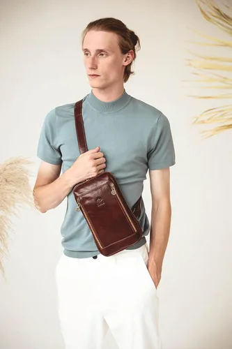 Vista 2 de Bolso cruzado de cuero - Bolso bandolera marrón - Bolso bandolera para hombres y mujeres - Mochila de hombro hecha a mano - Resistencia al tiempo
