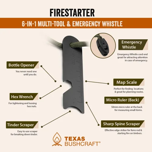 Vista 8 de Kit de supervivencia con iniciador de fuego Texas Bushcraft - Barra de hierro y pedernal de acero, herramienta con golpeador Bolsa de yesca