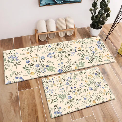 Vista 2 de LB Tapetes de cocina florales azules para cojines de piso, tapete de cocina antifatiga, diseño de flores silvestres sobre beige, juego de 2