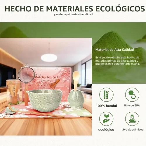 Vista 3 de Juego de batidor de matcha, utensilios de ceremonia de té japonés (8 piezas) con cuenco de matcha con boquilla (19 onzas), batidor de bambú, Verde