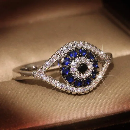 Vista 3 de Anillos de circonita cúbica de ojo turco azul para mujeres, hombres y niñas, chapado en plata esterlina, grueso, apilable, cola media, elegante