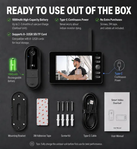 Vista 8 de TKMARS Timbre de puerta inalámbrico sin suscripción, activación bidireccional e intercomunicador, IPX65 impermeable, video 1080P, pantalla de 4.3