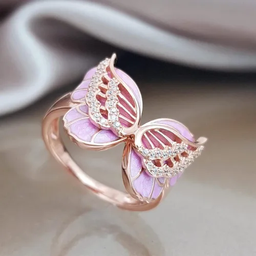 Vista 2 de Anillo de mariposa rosa con incrustaciones de circonita para mujer, anillo elegante de joyería vintage