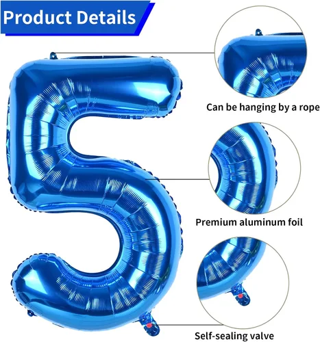 Vista 3 de Biapian - Globos azules de 1 metro con número 5, globo grande con número 5, con globos de 46 cm en forma de corazón de lámina azul oscuro