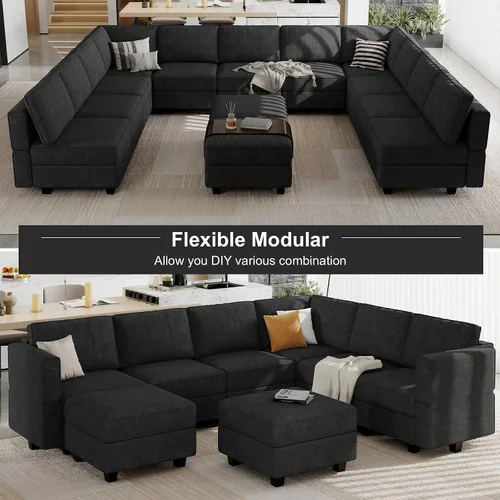 Vista 7 de Belffin Sofá seccional modular de tela en forma de U Sofá seccional doble diván Sofá otomano convertible con almacenamiento negro