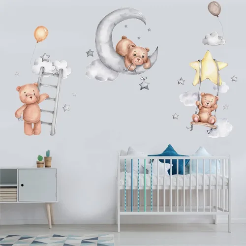 Vista 3 de Calcomanías de pared con diseño de oso de dibujos animados, diseño de oso de luna para dormir, despegar y pegar, papel tapiz mural extraíble
