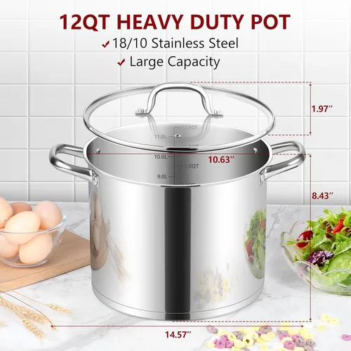Vista 2 de Herogo Olla de acero inoxidable 18/10 de 12 cuartos de galón con tapa, olla grande y resistente compatible con cocinas eléctricas, de gas