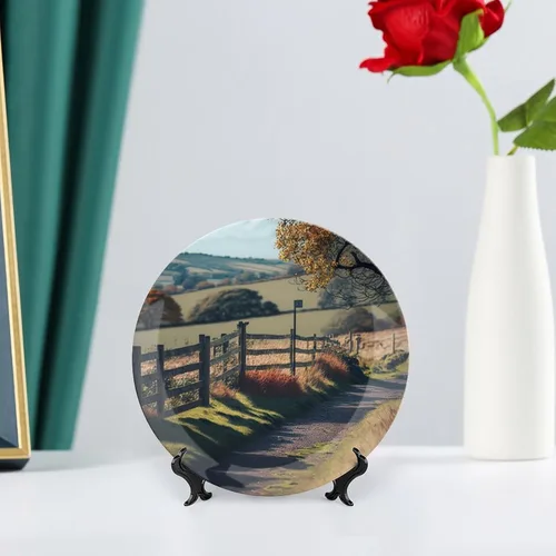Vista 6 de Platos decorativos de pintura de paisaje de árboles de montaña otoñal, platos decorativos para decoración del hogar, platos de cena de temporada