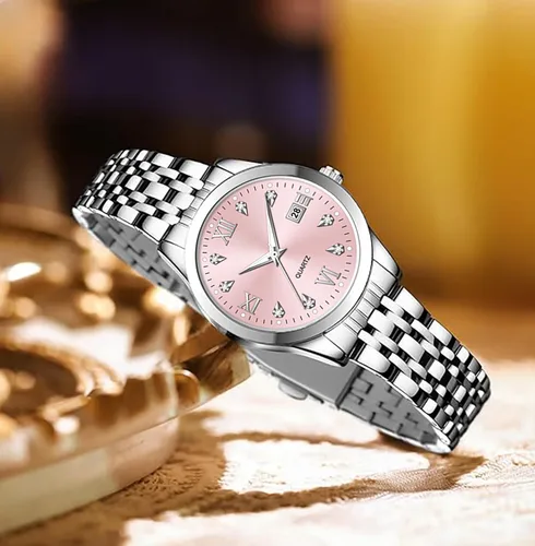 Vista 3 de Reloj de pulsera para mujer, reloj de cuarzo de acero inoxidable, luminoso, impermeable, reloj de negocios para mujer