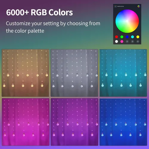 Vista 4 de Luces de Cortina de Bola de Deseos que Cambian de Color, 9.8 x 3.3 Pies, Luz de Hadas LED RGB con Control Remoto por App, Sincronización de Música