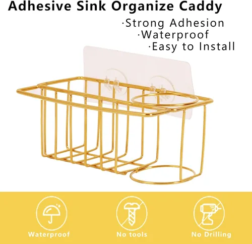 Vista 3 de Organizador adhesivo 3 en 1 para fregadero de cocina, esponja de acero inoxidable y soporte para cepillo para fregadero de cocina, adecuado