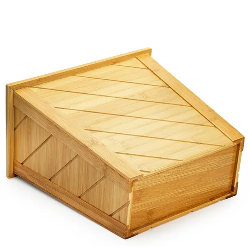 Vista 4 de Frcctre Cesta de basura de bambú, rectangular, compacta, papelera de basura con asas integradas, contenedor marrón para dormitorio, oficina, sala