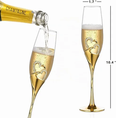 Vista 6 de Juego de 6 copas de champán de boda doradas con base de corazón doble y detalles de diamantes de imitación, vasos de tostado para pareja, novia