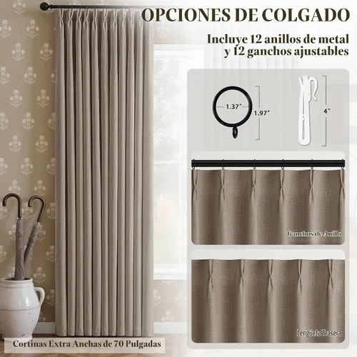Vista 6 de Cortina plisada de lino 100% opaca de 96 pulgadas de ancho de 70 pulgadas de ancho, 1 panel para sala de estar, con pestaña trasera, cortinas opacas