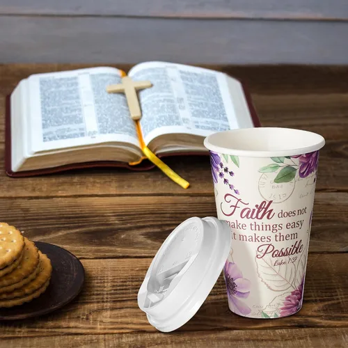Vista 6 de Dandat 100 tazas de café desechables cristianas con tapas, tazas de papel de 16 onzas con texto en inglés "Floral Tea Scripture" a granel