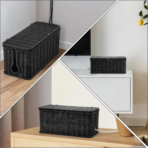 Vista 2 de Caja grande de organización de cables, organizador de cables de ratán de imitación tejida a mano, caja de gestión de cables de escritorio