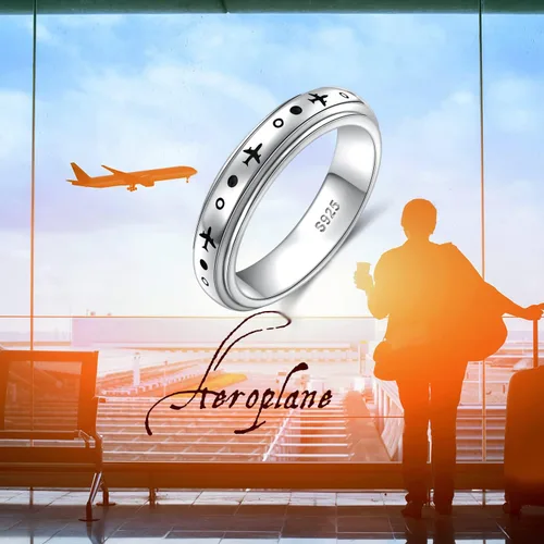 Vista 2 de Anillo giratorio de avión para mujeres, hombres, niños y niñas, de plata de ley 925, anillos antiestrés para ansiedad, alivio del estrés, TDAH