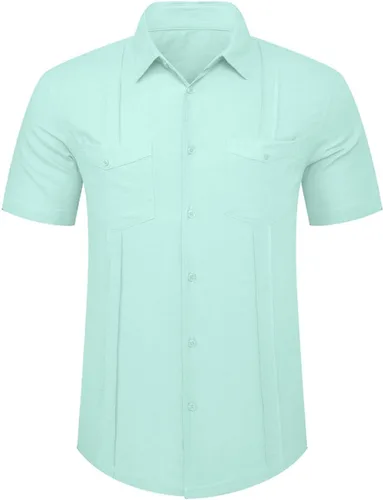 Vista 2 de JMIERR - Camisa de vestir informal de manga corta con botones y rayas para hombre, camisa de algodón