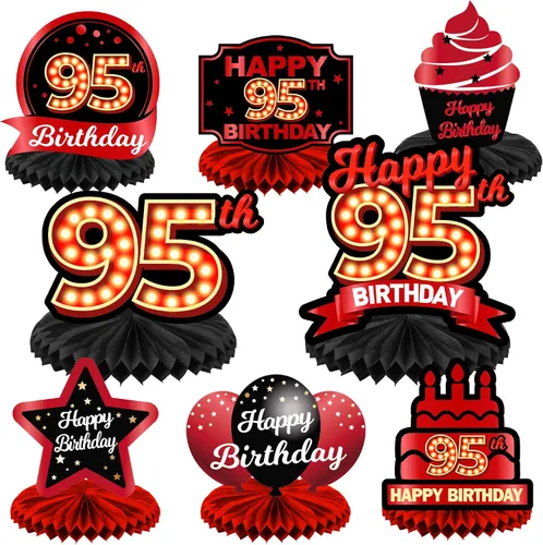 Vista 22 de Feliz 45 cumpleaños rojo y negro centros de mesa de panal de abeja decoraciones de globos decoración de mesa centros de mesa para niñas mujeres
