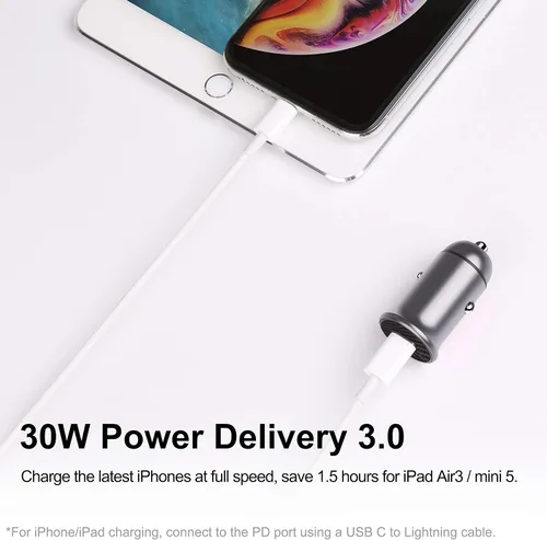 Vista 3 de Cargador de coche USB C Encendedor de carga rápida: Adaptador de coche PD y QC 3.0 de 30 W - Bloque de puertos dobles compatible con iPhone, i-Pad