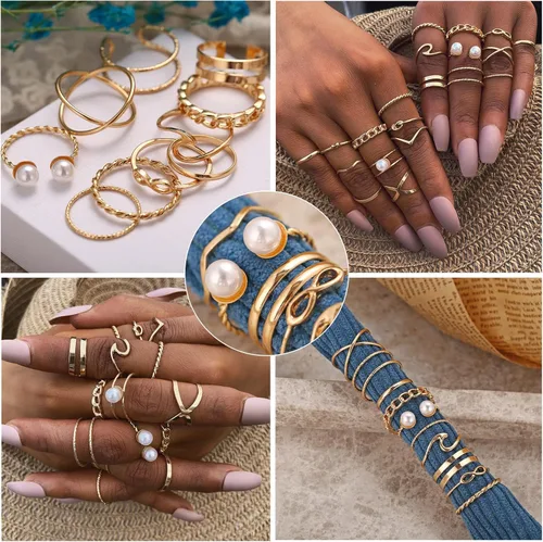 Vista 6 de Juego de 68 anillos para nudillos dorados para mujeres y niñas apilables bohemios para articulación media de cristal tallado plateados con orificios
