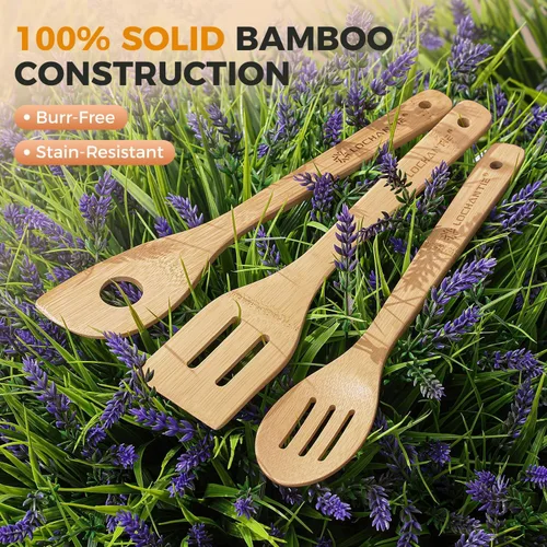 Vista 15 de Cucharas de madera para cocinar, juego de utensilios de cocina, 6 cucharas de madera de bambú y espátula utensilios de cocina