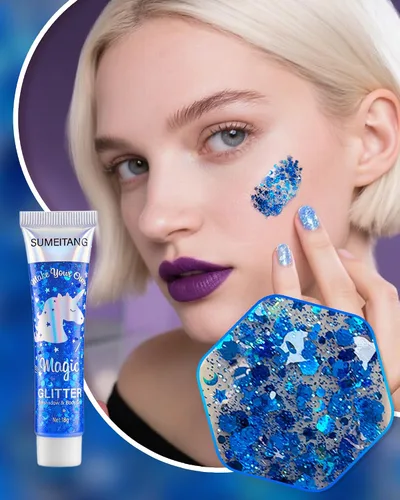 Vista 6 de Gel con purpurina para la cara y el cuerpo, 6 colores, con lentejuelas gruesas holográficas, pintura para fiestas, cantantes, conciertos, festivales