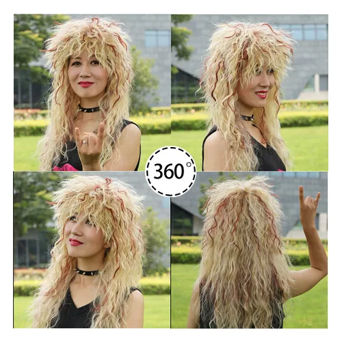 Vista 8 de FantaLook Peluca larga rizada de los años 80 rubia con marrón rojizo para cosplay
