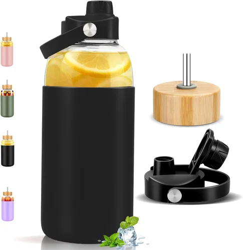 Vista 16 de PROBTTL Botellas de agua de vidrio de 32 onzas, vaso de vidrio de 1 litro, botella de agua de borosilicato con popote, funda de silicona, 2 tapas