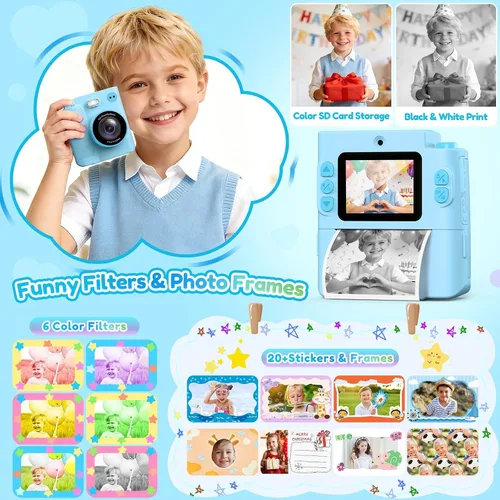 Vista 5 de Cámara para niños Impresión instantánea: Juguetes para niños y niñas, cámara digital que imprime fotos, regalo de cumpleaños de doble lente