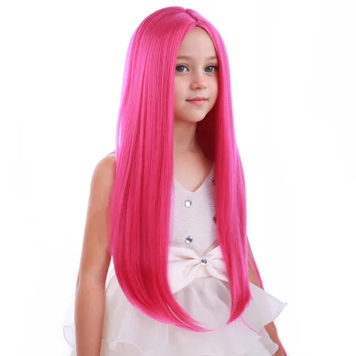 Vista 2 de PATTNIUM Peluca de color rosa intenso para niños, peluca larga y recta, color rosa, para niñas, color magenta, color rosa neón, pelucas sintéticas