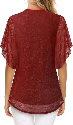 Vista 3 de Timeson Blusas de manga corta con cuello en V para mujer, camisas florales de doble capa de malla
