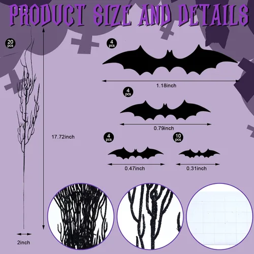 Vista 2 de Zeyune - 20 púas florales negras con purpurina de Halloween con murciélagos