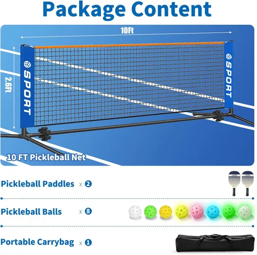 Vista 2 de 10 FT Mini Portable Pickleball Net Equipment Set - Tennis Net for Driveway Backyard, 2 Pickleball Paddles, 8 Pickleballs and Potable Carry