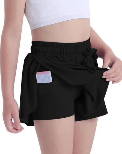 Vista 2 de KEREDA Pantalones cortos fluidos para niñas, pantalones cortos de mariposa para niñas adolescentes con forro de elastano 2 en 1 para correr