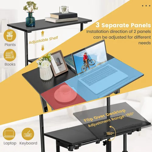 Vista 5 de COSTWAY Escritorio móvil de pie, carrito para laptop con escritorio abatible, mesa sobre la cama con ruedas, escritorio de computadora para estar