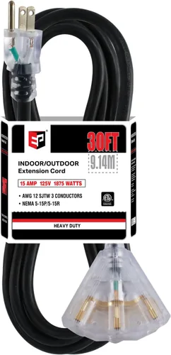 Vista 37 de EP Cable de extensión de 3 pies, 12/3 SJTW 3 tomas de corriente eléctrica Negro