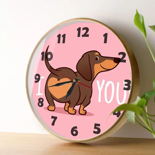 Vista 3 de Reloj de pared rosa de perro salchicha de 12 pulgadas, funciona con pilas, reloj de pared analógico redondo de madera para amantes de los perros